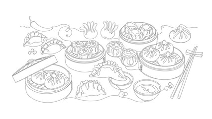 Delicate line art illustration of various Asian dumplings and steamed buns on a table with dipping