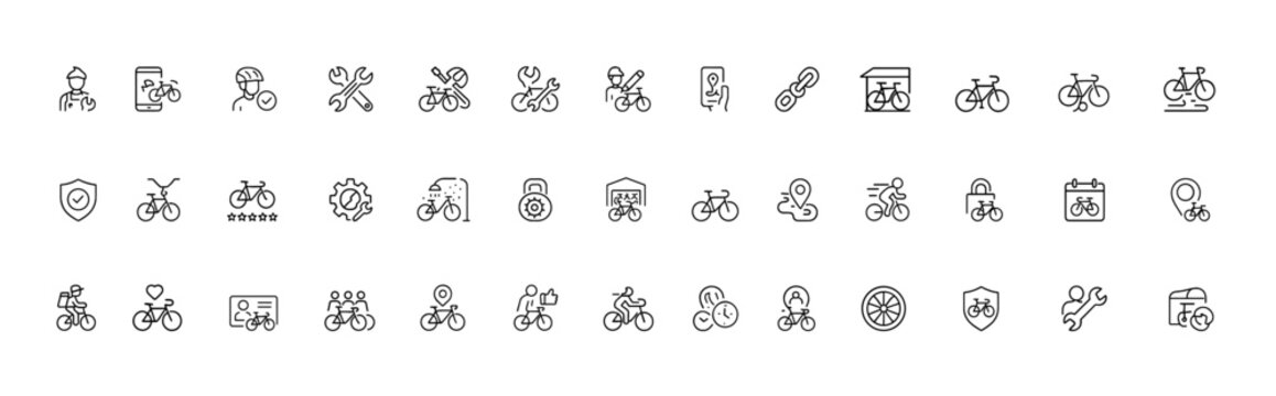 Bicycle subscription services icon set, thin line vector pictograms for bike repair, helmet, delivery, cleaning, storage, locker, spare parts, rental, cycling illustration, icon, mobility
