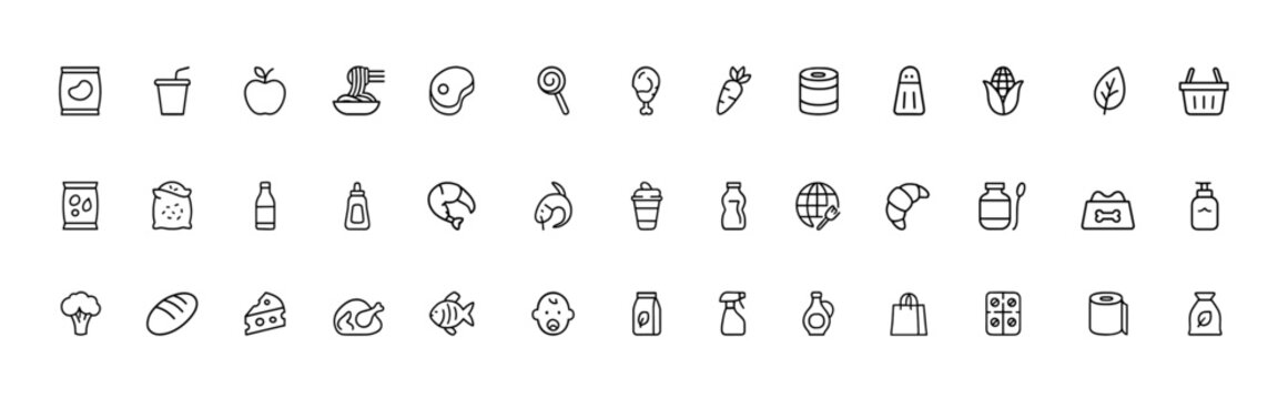 Grocery and Food Categories Icon Set, line outline pictograms for snacks, drinks, fruits, pasta, meat, dairy, bakery, cereals, sauces and wine, editable stroke vector illustration, supermarket icons