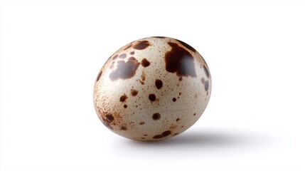 Quail egg resting on a flat surface with brown spots and speckles