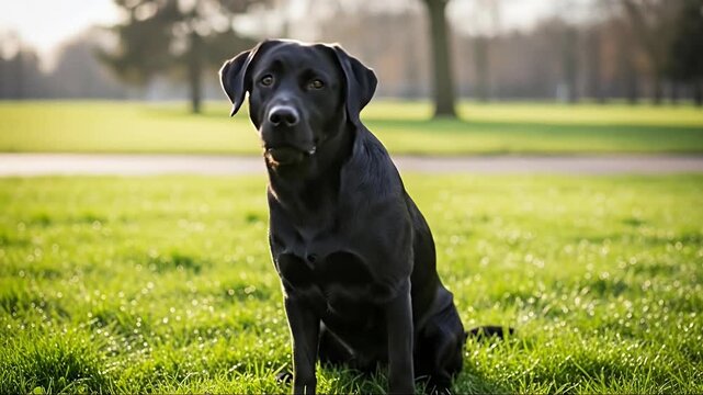 A beautiful black dog sits patiently and attentively in a vibrant green park, looking directly at the camera with a friendly expression. The gentle sunlight beautifully illuminates its sleek, dark coa