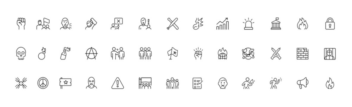 Political Extremism and Civil Unrest Icon Set, thin linear vector pictograms showing protest movements, rebellion, riots, propaganda, political prisoners, Molotov cocktail, social conflict icons