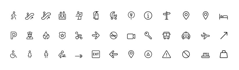 Wayfinding public space glyph icon set, navigation and direction pictograms for urban areas, escalator stairs elevator emergency info desk food court signage, black silhouette vector symbols © aura studio