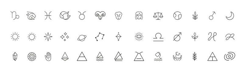 Zodiac Astrology Icon Set, Thin Line Vector Horoscope Symbols for All Signs, Capricorn to Pisces, Clean Linear Pictograms, Celestial Sun Moon Wheel, Spiritual Cosmic Illustration, modern design © aura studio