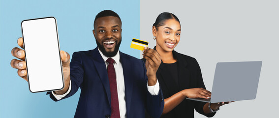 Two business professionals share their expertise in digital finance. One displays a smartphone while the other showcases a credit card and a laptop, illustrating modern payment methods.