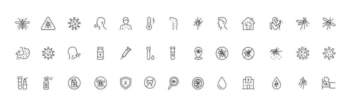 Mosquito borne disease vector line icon set, thin linear icons showing malaria dengue fever virus symptoms vaccine injection test repellent spray fumigation, medical health prevention pictograms