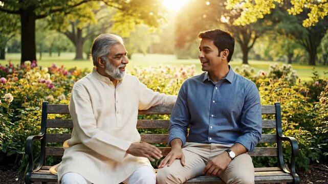 Senior Indian father and adult son talking and bonding on a park bench during sunset