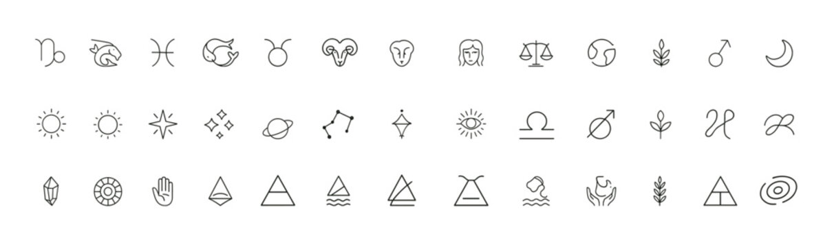 Zodiac Astrology Icon Set, Thin Line Vector Horoscope Symbols for All Signs, Capricorn to Pisces, Clean Linear Pictograms, Celestial Sun Moon Wheel, Spiritual Cosmic Illustration, modern design