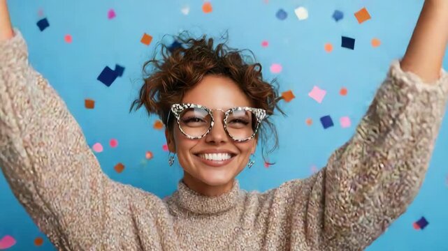 Smiling woman wearing patterned glasses celebrating with confetti joyful woman cozy sweater with