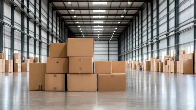 Stacked cardboard box large warehouse with reflective floor and overhead lighting stacked cardboard