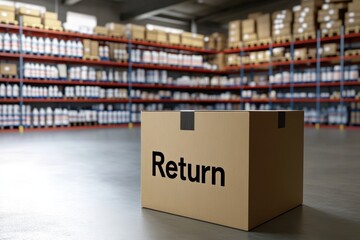 Cardboard box in warehouse symbolizes returns management and minimalism