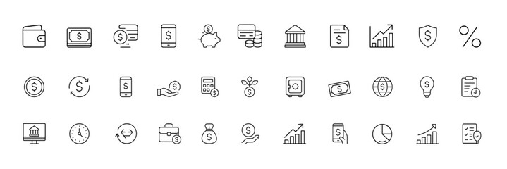 Money & Finance Icon Set, Black Glyph Vector Illustrations Featuring Wallet, Credit Card, Cash, Piggy Bank, Banking, Transactions, Budget Control, Financial Management, Business Economy