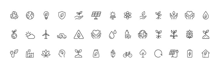 Sustainability icon set, eco vector pictograms with thin line style, renewable energy, green environment, climate care, agriculture and forest concepts, clean nature symbols, outline line art