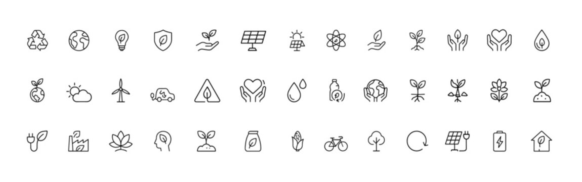 Sustainability icon set, eco vector pictograms with thin line style, renewable energy, green environment, climate care, agriculture and forest concepts, clean nature symbols, outline line art