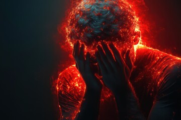 Burnout concept in advertising featuring tired employee with head in hands in minimal style