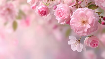 Naklejka premium Roses and cherry blossoms open fully in the spring garden. Soft pink petals create a vivid display against a blurred background. Green leaves enhance the scene of blooming flowers.