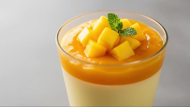 A beautifully plated, two-layered dessert in a clear glass, showcasing a creamy, light-colored base topped with a rich, vibrant orange fruit puree. The top layer is generously garnished with perfectly
