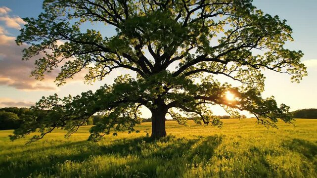 Majestic solitary oak tree in green meadow at sunset with sunbeams breaking through leaves, camera pulling back to reveal wide landscape