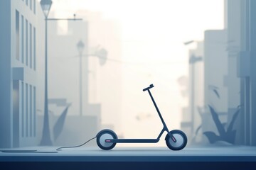 Electric scooter stands alone in urban setting during morning light