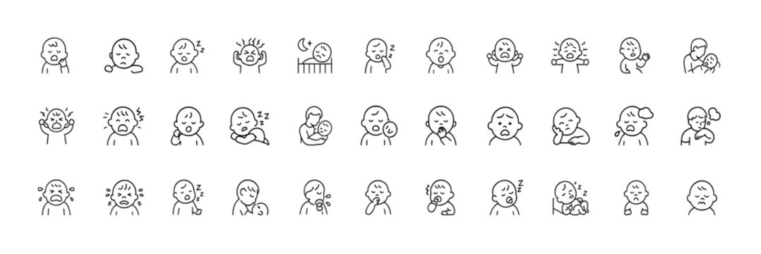 Baby sleep problems icon set, including restless infant, tantrum, soothing scenes, yawning toddler, crying, sleepless night care, linear vector illustration, baby fatigue, infant crying