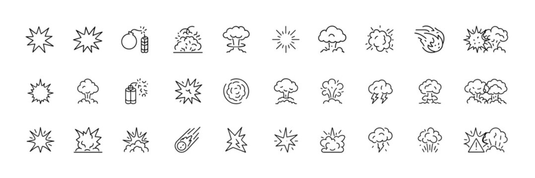 Explosion detonation icon set, linear vector pictograms of blast impact, bomb and dynamite force, shockwave burst, mushroom cloud, fire debris, energy destruction, thin outline illustration