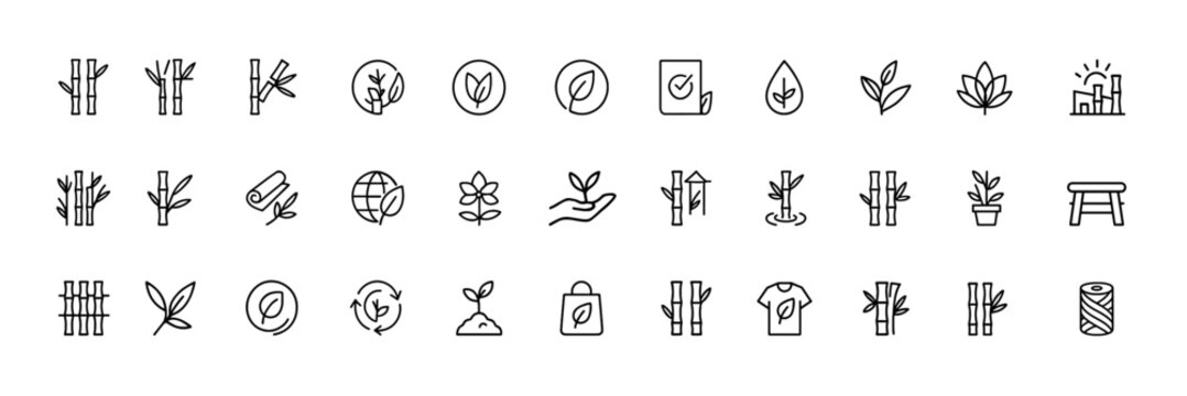 Bamboo icon set, vector glyph pictograms of bamboo stalks and leaves, fabric and fiber symbols, ecology and sustainability themes, black silhouette style, nature environment, green organic design