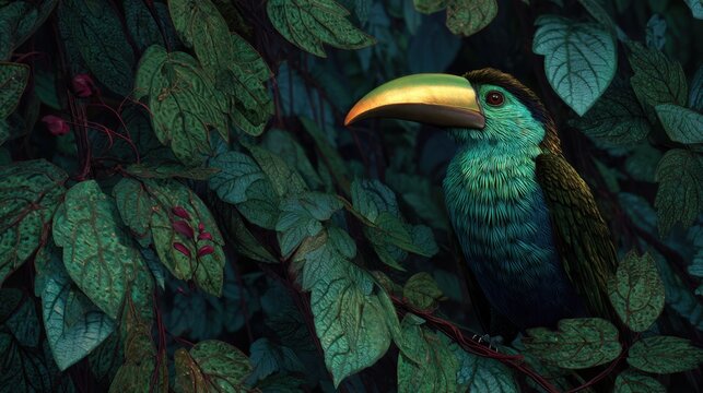 A bird with a large yellow beak perches quietly among green leaves in a dense forest. The scene shows bright colors and details of the bird's feathers and surrounding foliage.