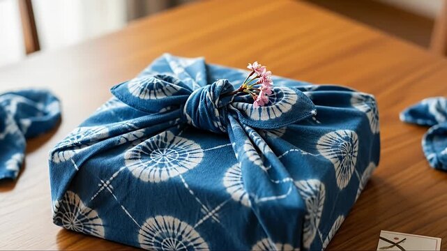 A beautifully wrapped present, meticulously adorned with a vibrant blue and white patterned fabric, rests gracefully on a warm wooden surface. A delicate sprig of small pink flowers is tucked into the