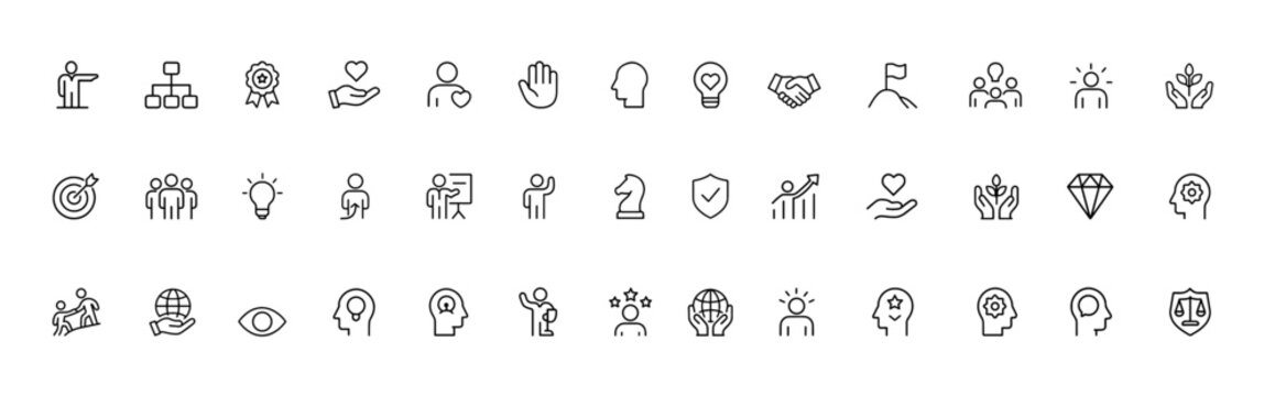 Leadership core values icon set, glyph pictograms for business ethics, trust, teamwork, motivation, growth, vision, innovation, integrity symbols, professional vector illustration