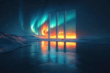 Northern lights shine over a natural landscape with a doorway in 8K resolution