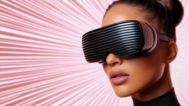 Futuristic woman portrait wearing striped virtual reality headset and sleek visor against pink