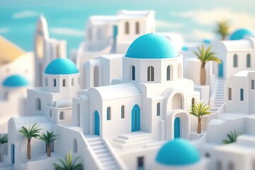 Explore Santorini white houses and blue domes with minimalist design in 8K resolution