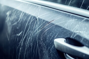 Scratches on new car door in minimal graphic layout showing damage and wear at daylight