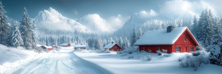 Snow-covered landscape featuring alpine huts in minimalism style with mountains in background