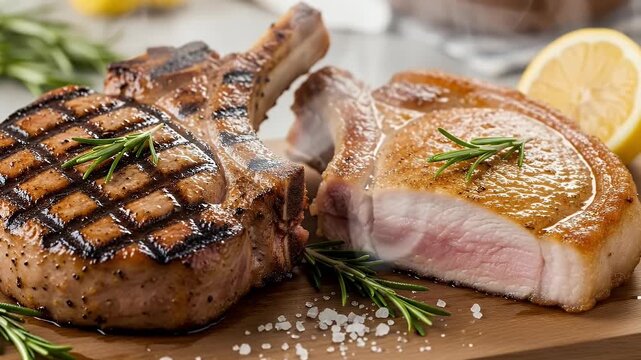 A captivating close-up presents two succulent grilled pork chops, beautifully seared with distinct char marks, resting on a rustic wooden cutting board. One chop is presented whole, showcasing its per