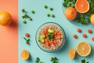 Vegan flat lay of a plant-based meal with greens and fruits on a blue and orange surface