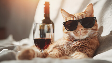 Relaxed orange tabby cat wearing cool sunglasses lounging with a glass and bottle of red wine in cozy sunlit room setting