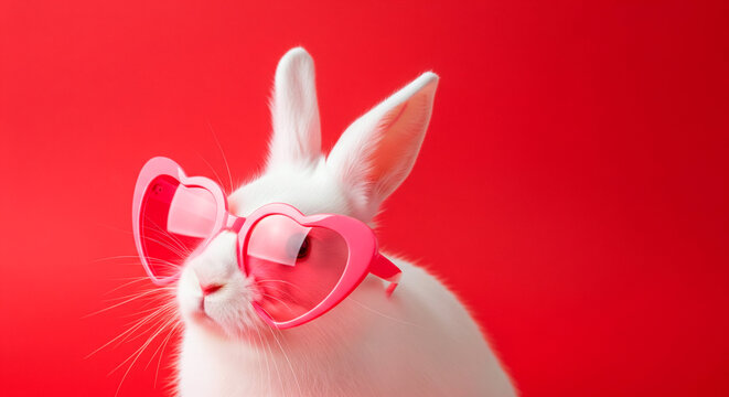 Cute white bunny wearing pink heart-shaped sunglasses against a vibrant red background