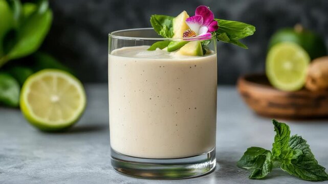 Creamy tropical lime smoothie with mint and edible flower garnish, creamy avocado lime mint blend