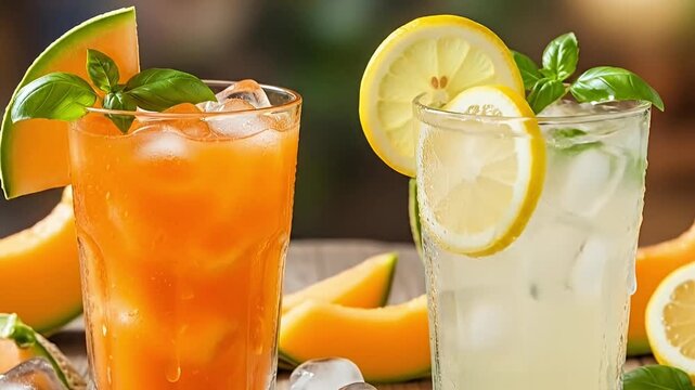 A captivating close-up showcases two vibrant, cold beverages expertly prepared on a rustic wooden surface. One glass features a bright orange fruit juice, garnished with a fresh melon slice and aromat