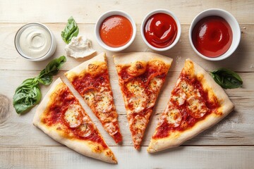 Overhead view of pizza slices with sauces and ingredients on wooden table