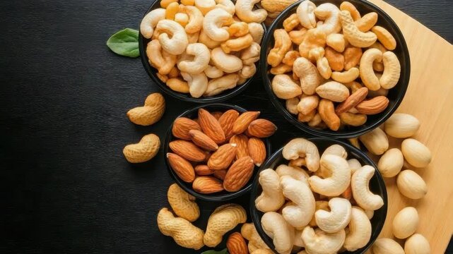 Cashew almond peanut mixed nut bowls on dark surface warm natural lighting snack scene