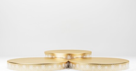 Golden circular podiums with snowflake patterns on white background