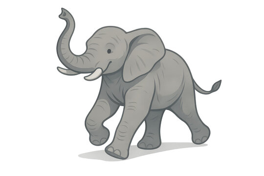 Cartoon happy elephant on transparent background with trunk raised up.