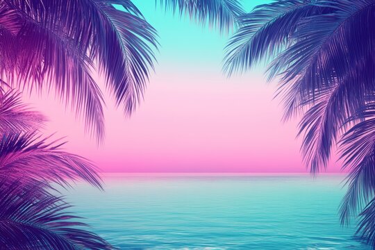 Tropics background with palm trees and ocean in gradient colors during sunset