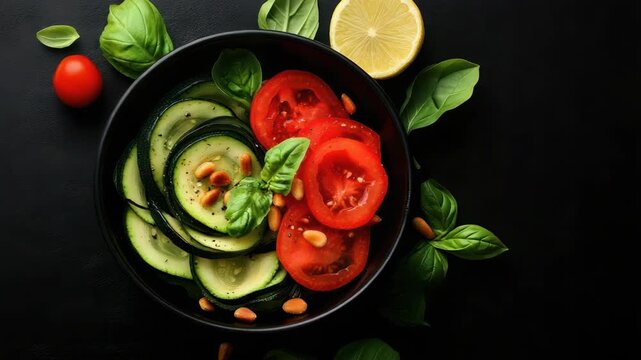 Zucchini tomato basil lemon pine nut salad with bright zest and vibrant garnish