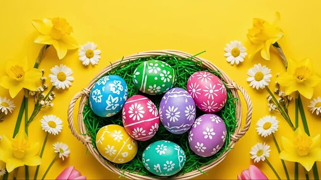 A cheerful overhead flat lay displays a wicker basket brimming with beautifully decorated, colorful eggs, nestled on green paper "grass." Vibrant spring flowers, including yellow daffodils, white dais