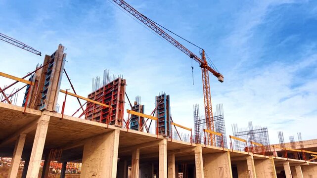 View on the top of the building under construction. Metal rebars and panels set on the roof. Huge crane at backdrop.