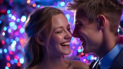 Young faceless couple laughing and dancing at prom or homecoming event surrounded by lights colorful decorations and festive atmosphere celebrating memorable night, with copy space