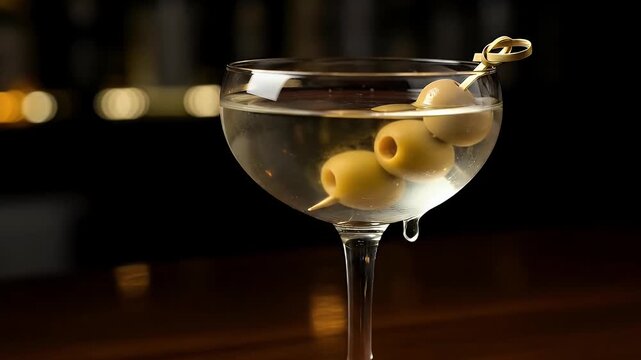 A classic, elegant cocktail featuring a clear alcoholic beverage and three plump green olives perfectly garnished on a stylish golden pick. The drink is presented in a sophisticated stemmed glass, res